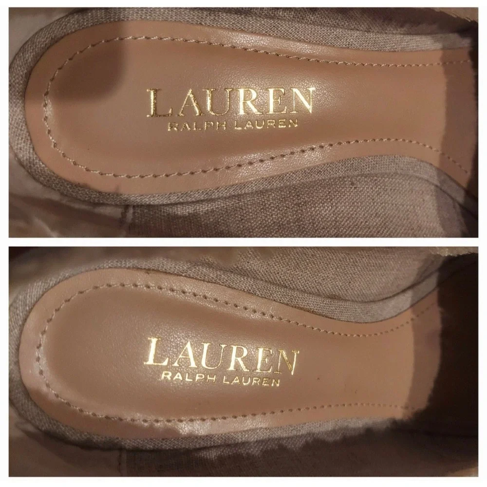Lauren Ralph Lauren Womens Tan Natural Linen Carmondy Wedges Shoes EUC Size 7.5
